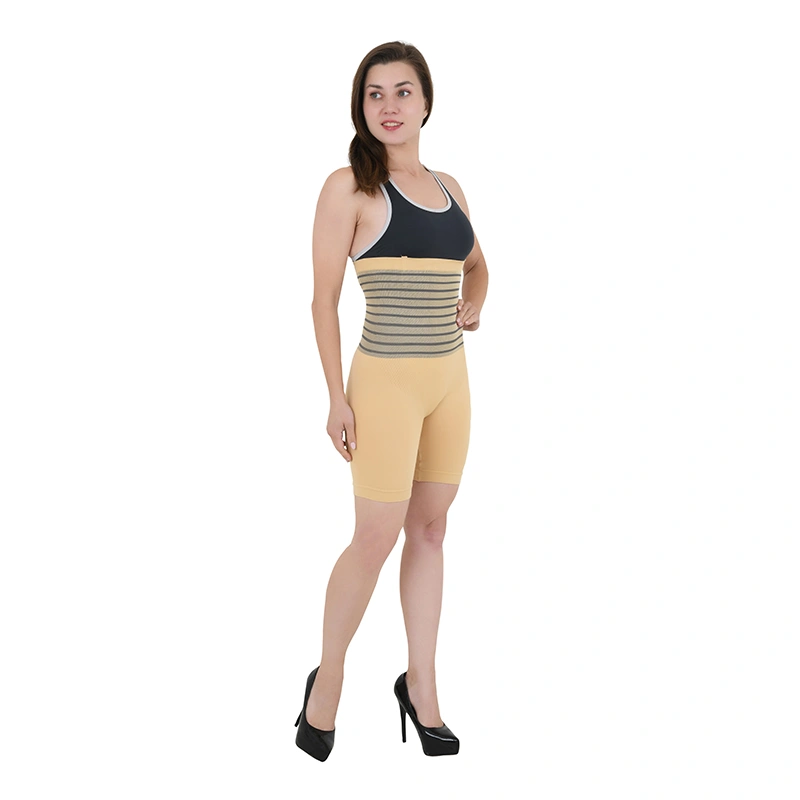 Nude tan seamless body shaper shorts with striped waistband, angled view - shapewear ecommerce photography Delhi, Lohar Studio